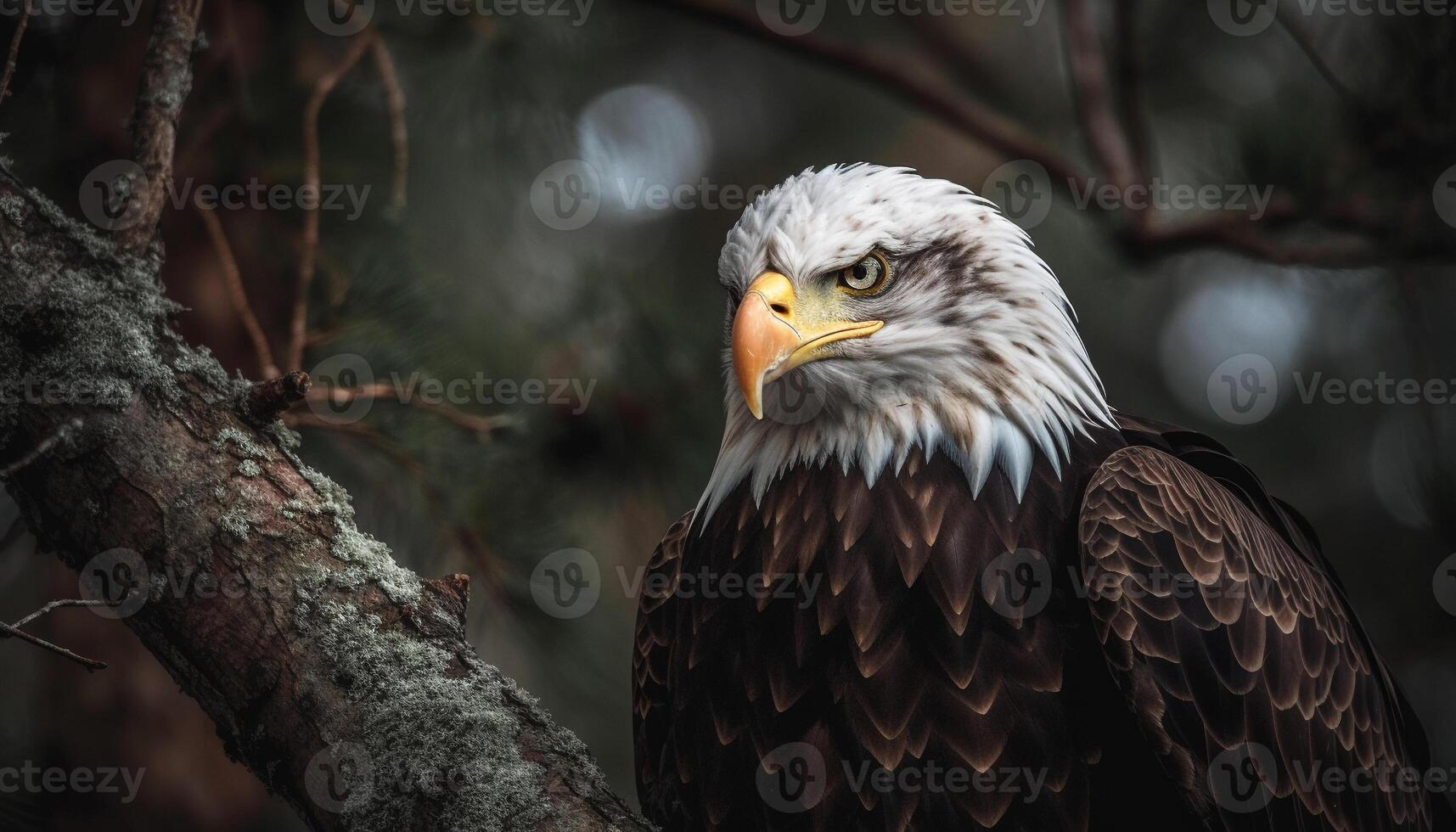 majestätisch kahl Adler sich niederlassen auf Zweig, suchen beim Kamera generiert durch ai foto