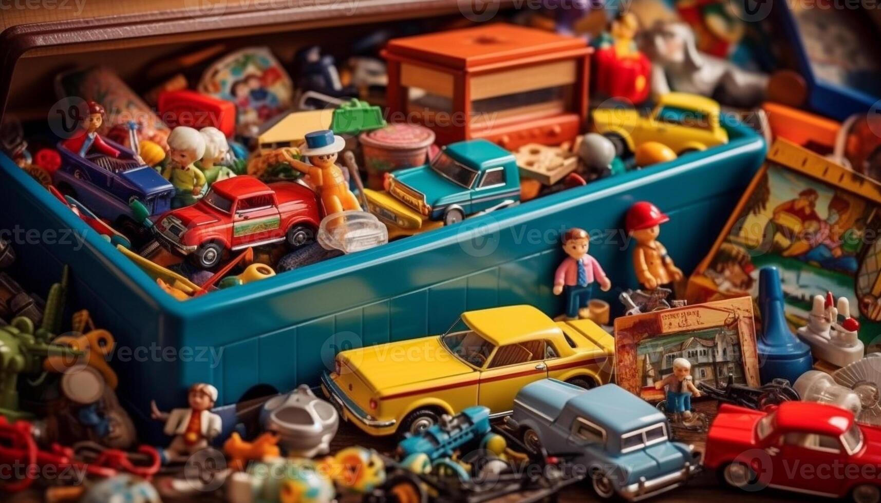 klein Spielzeug Auto Sammlung, multi farbig Figuren, spielerisch Kindheit Erinnerungen generiert durch ai foto