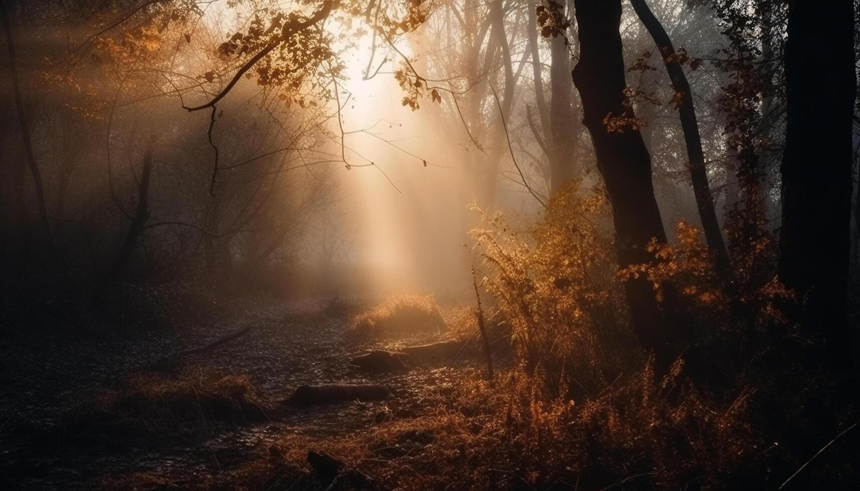 Herbst Geheimnis gespenstisch Schönheit im Natur, still Dämmerung Fußweg Silhouette generiert durch ai foto