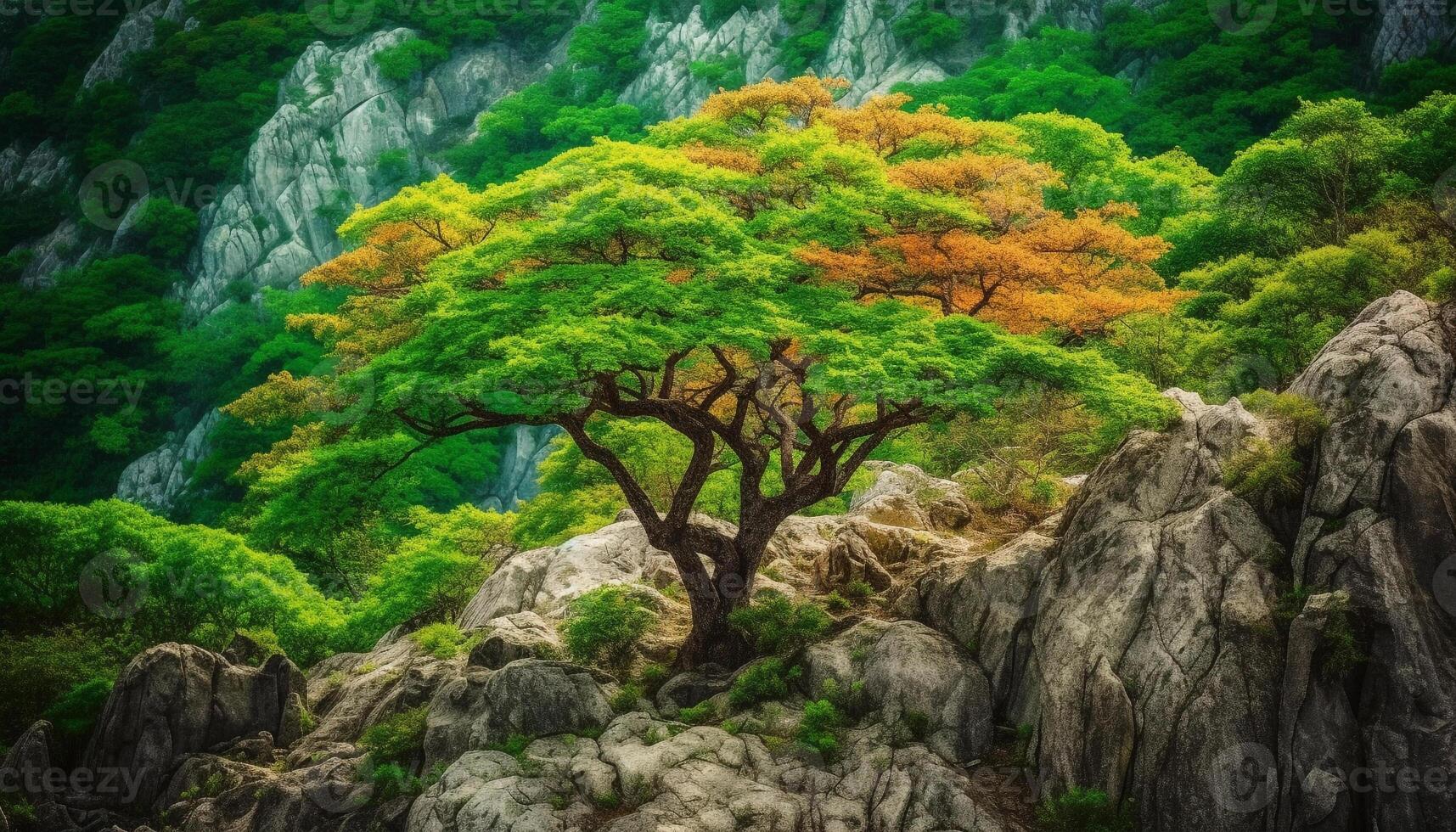 majestätisch Berg Bereich, still Schlucht, und tropisch Regenwald Abenteuer generiert durch ai foto