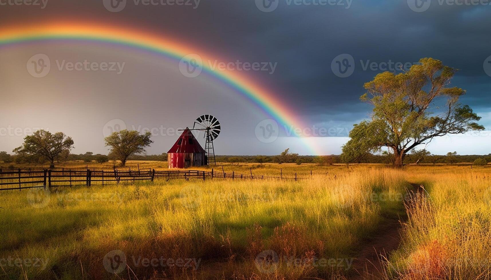 still Sonnenuntergang Über Regenbogen Wiese, Windmühle und rustikal Zaun generiert durch ai foto