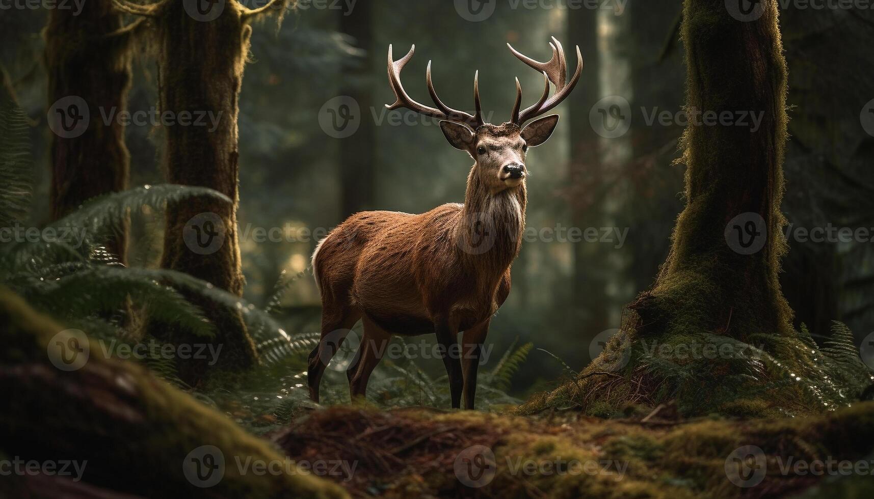 männlich Hirsch Stehen im still Herbst Wiese, umgeben durch Wildnis generiert durch ai foto