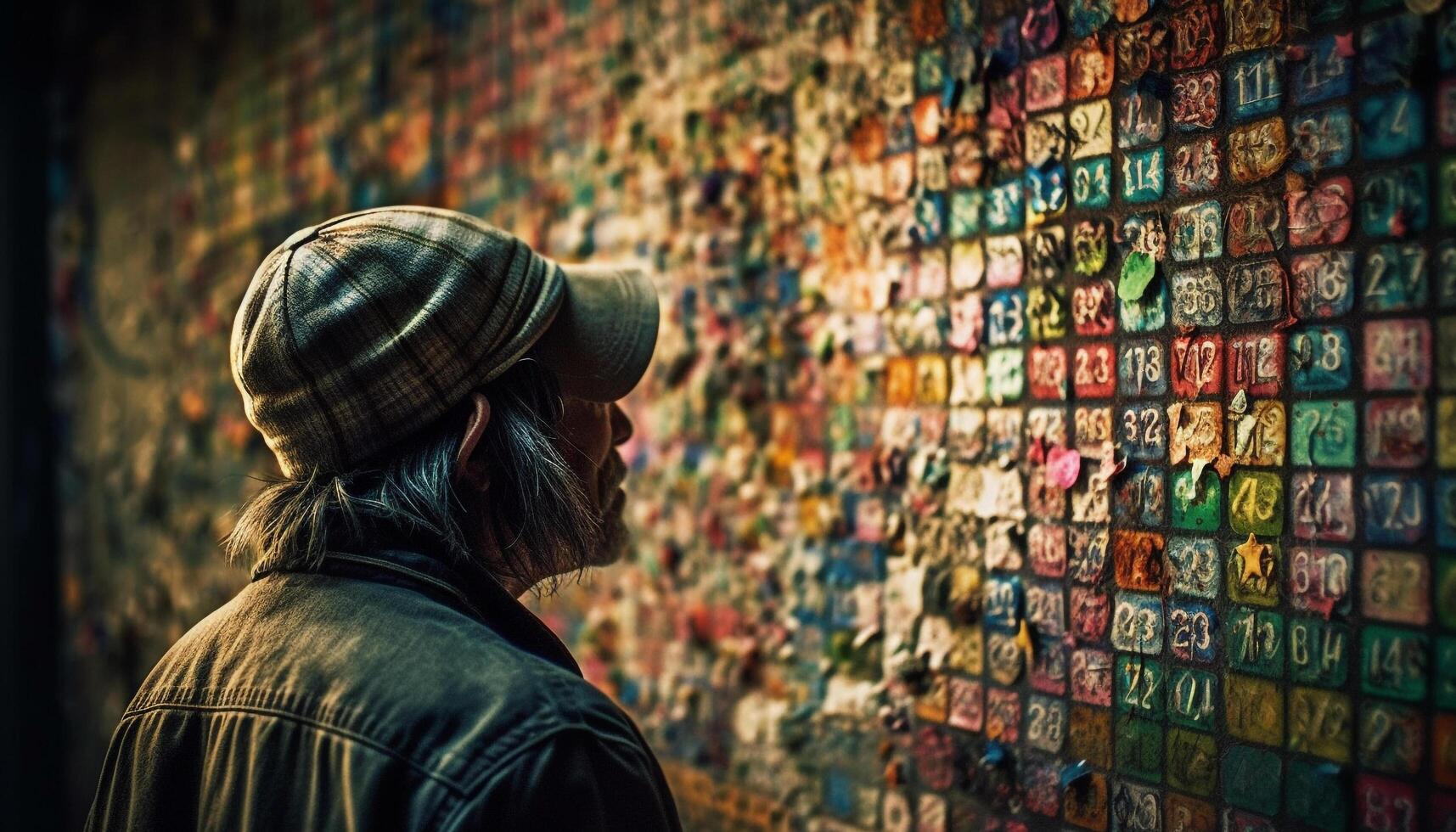 jung Erwachsene im beiläufig Kleidung Stehen durch Graffiti Mauer lächelnd generiert durch ai foto