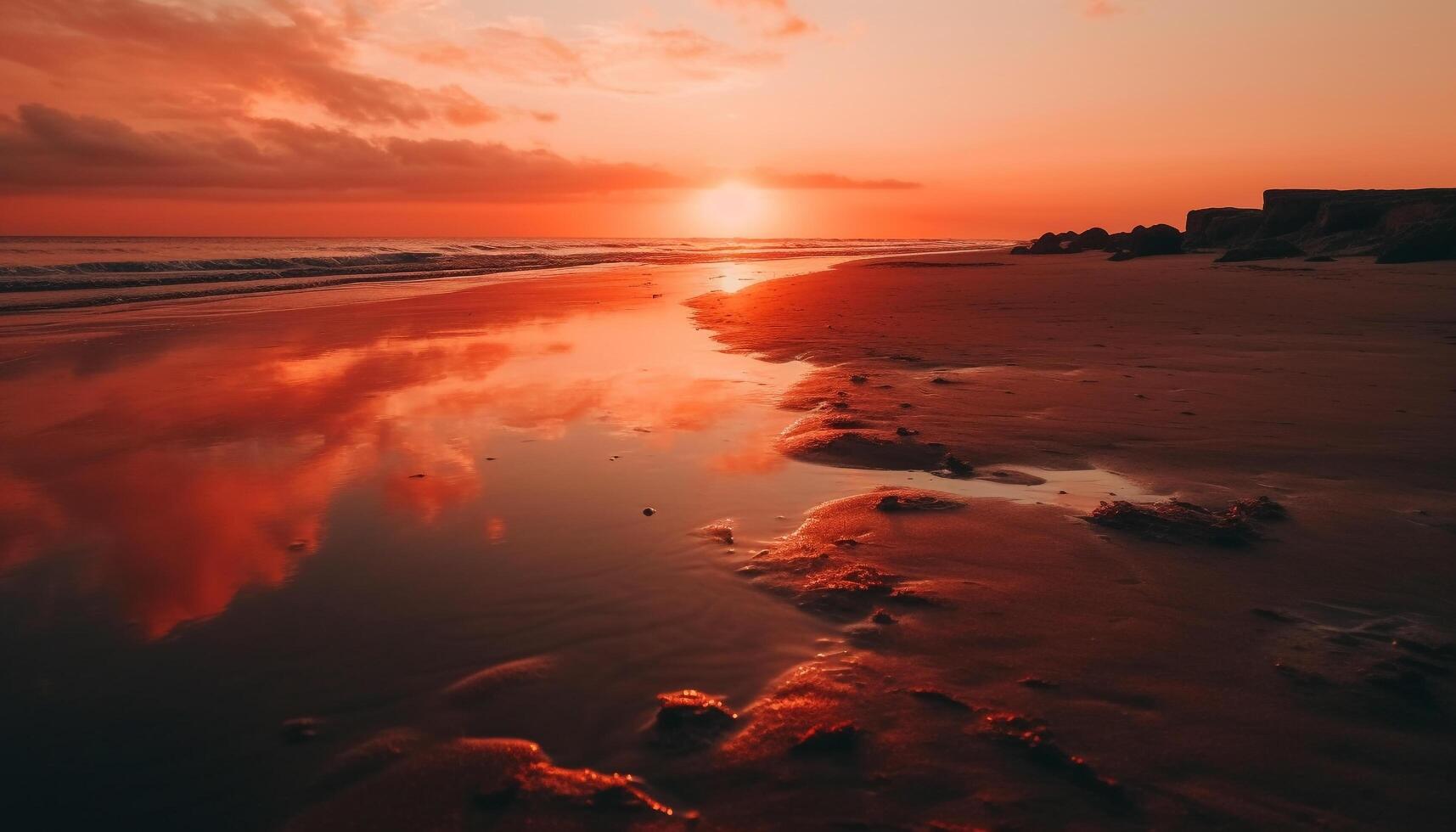 still Sonnenaufgang Über tropisch Küste, reflektieren Schönheit im Natur generiert durch ai foto