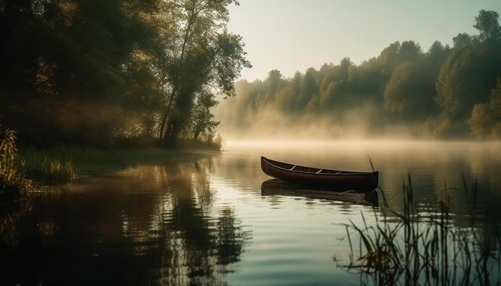 Leise Kanu gleitet durch still Herbst Wald, reflektieren Schönheit generiert durch ai foto