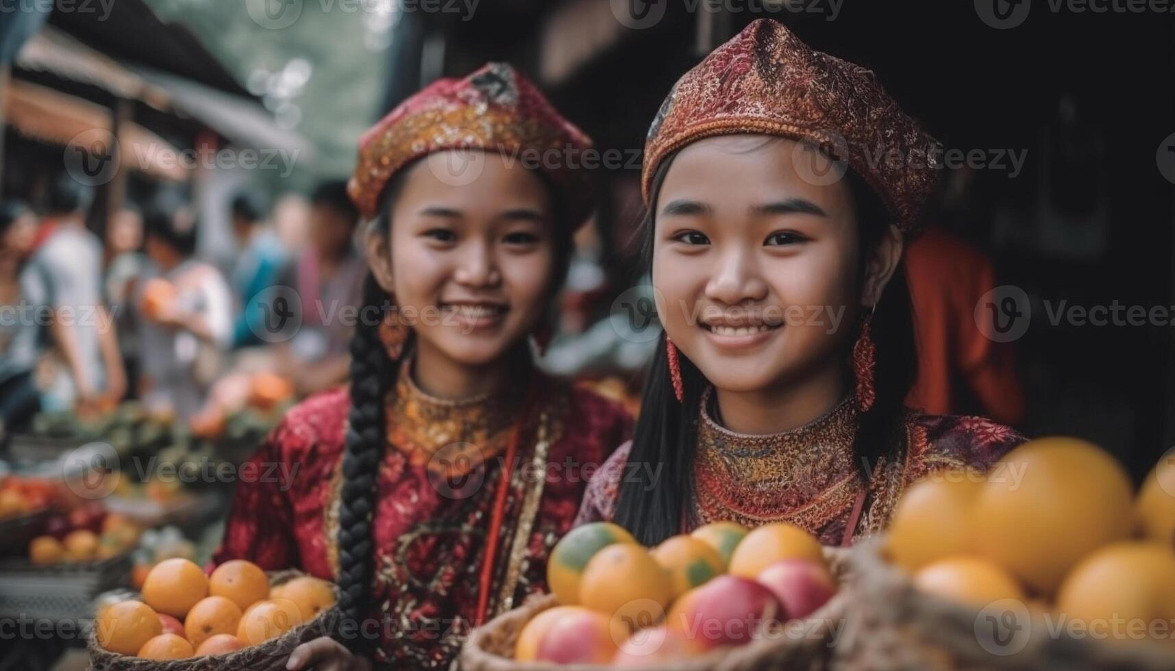 froh Frauen feiern traditionell Festival mit multi farbig Obst Korb Dekoration generiert durch ai foto