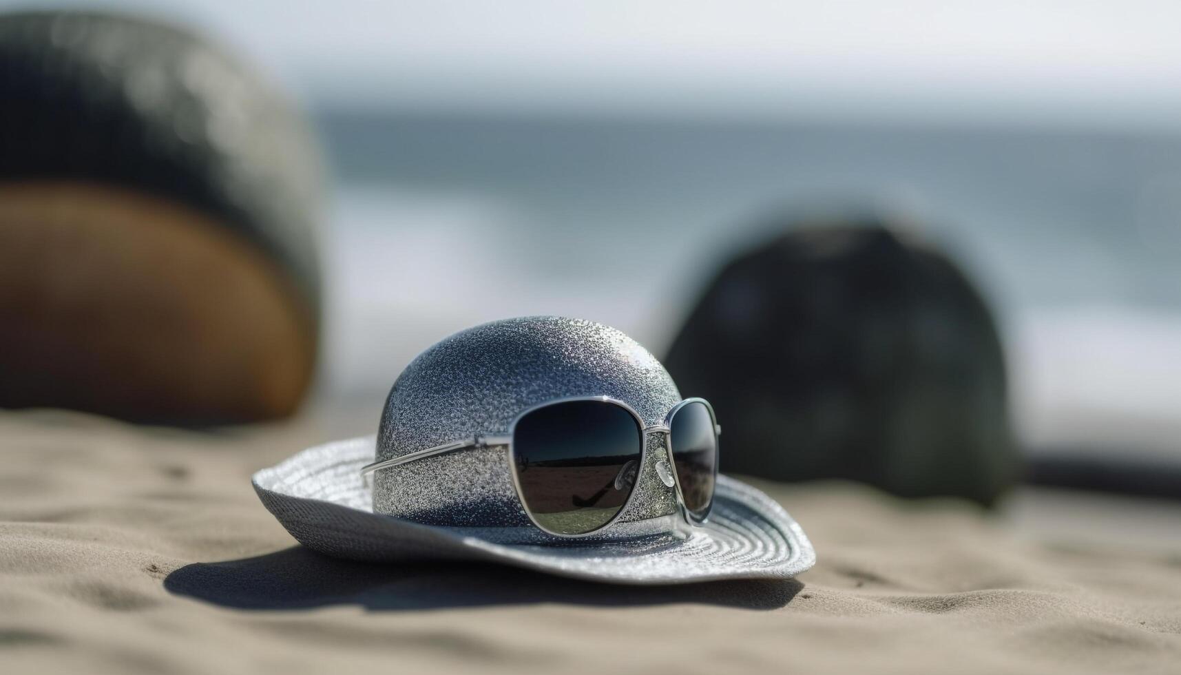 Sonnenbrille, Stroh Hut, und Sonnenbräune Lotion zum Sommer- Entspannung generiert durch ai foto