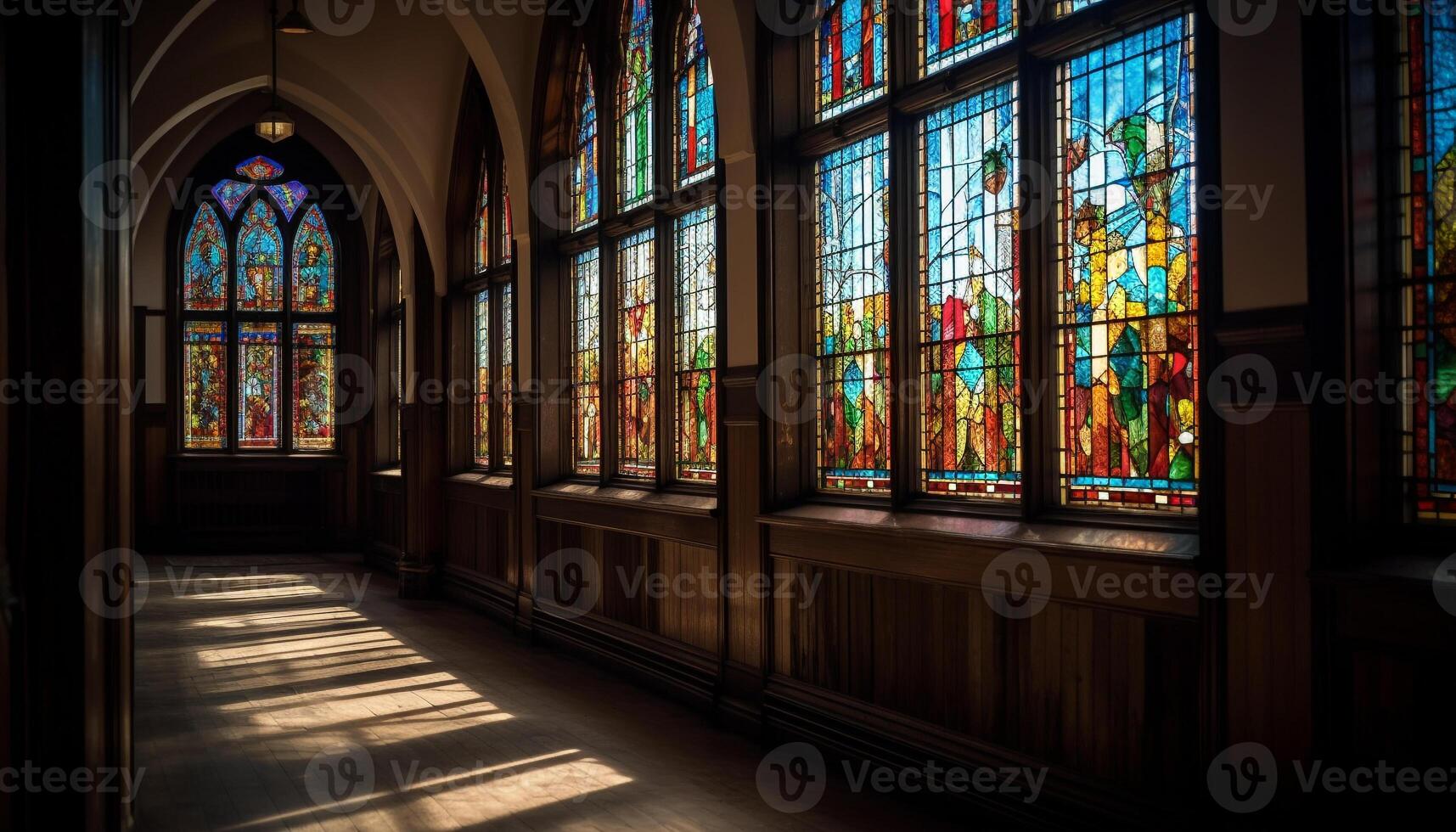 befleckt Glas Fenster erleuchten uralt gotisch Kapelle Spiritualität und Geschichte generiert durch ai foto