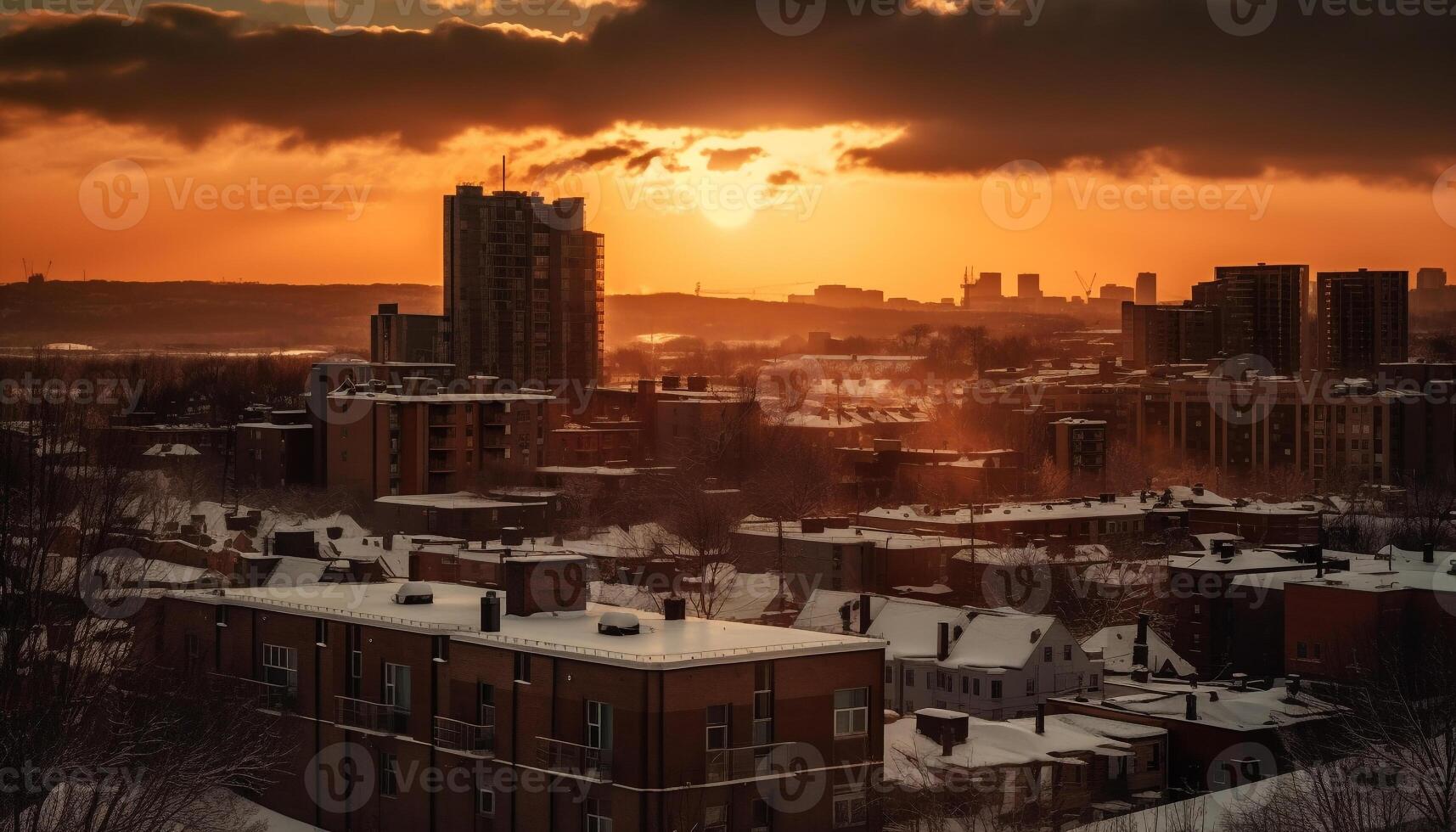 Stadt Horizont beleuchtet durch Sonnenuntergang, hoch Winkel Aussicht von Dach generiert durch ai foto