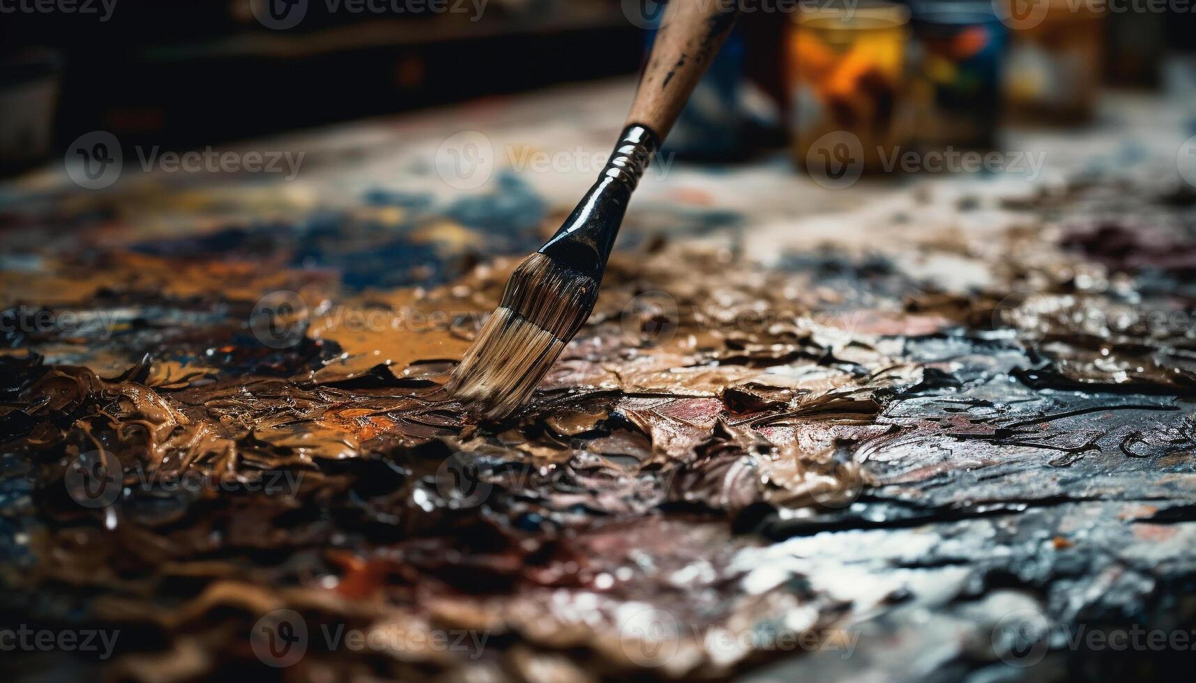 Handwerker Ausrüstung alt gestaltet Pinsel, Metall Arbeit Werkzeug, nass Holz generiert durch ai foto
