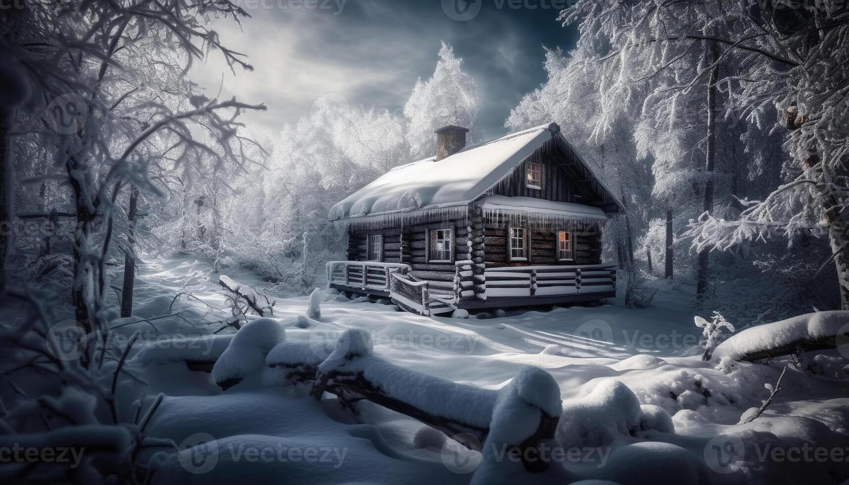 still Winter Landschaft Schnee bedeckt Wald, Berg, und rustikal Kabine generiert durch ai foto