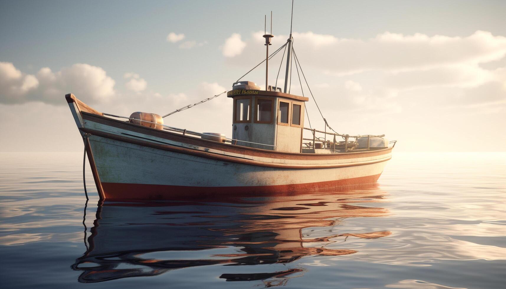 nautisch Schiff auf still Wasser, Angeln Industrie Modus von Transport generiert durch ai foto