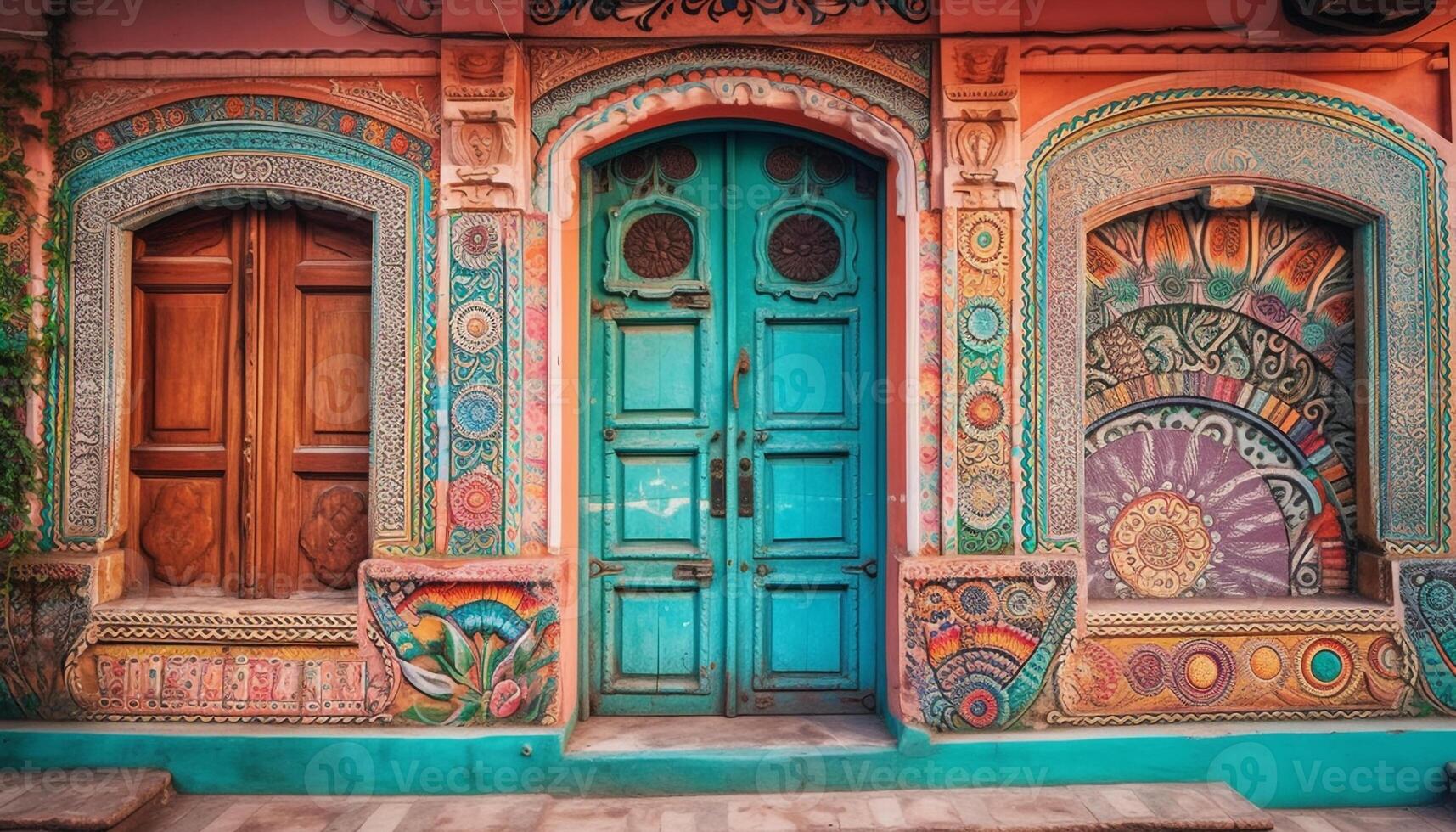 uralt Türöffnung Eingang, aufwendig Holz Bogen, beschwingt multi farbig Dekoration generiert durch ai foto