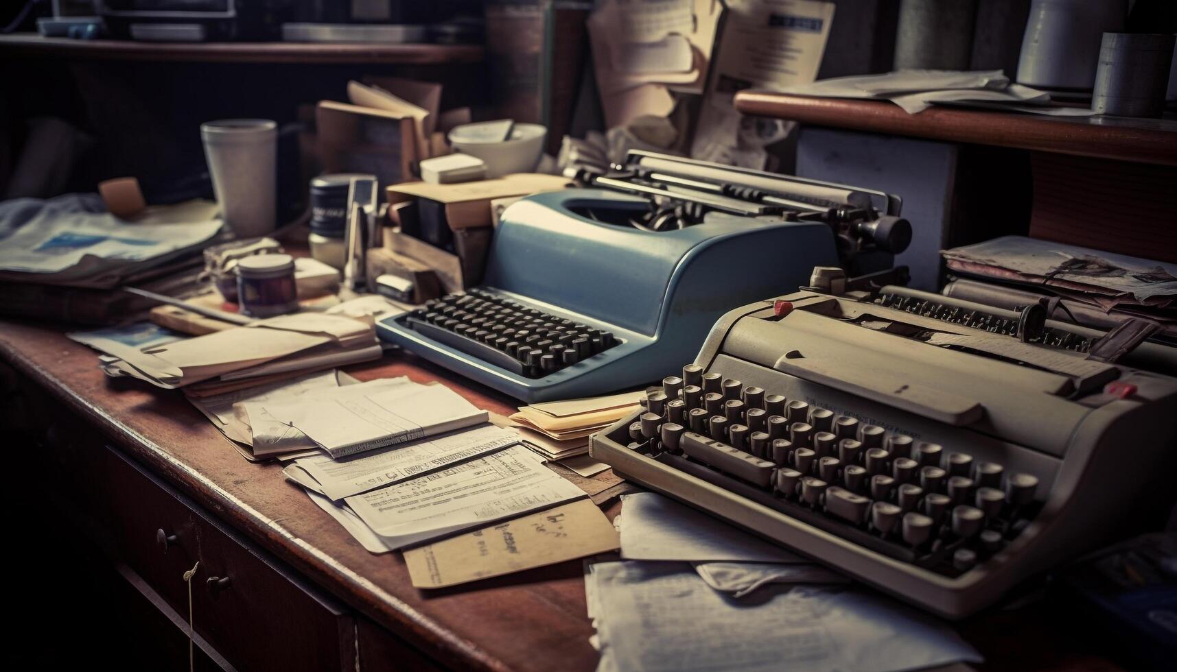 Antiquität Schreibmaschine auf hölzern Schreibtisch weckt Nostalgie zum Kreativität generiert durch ai foto