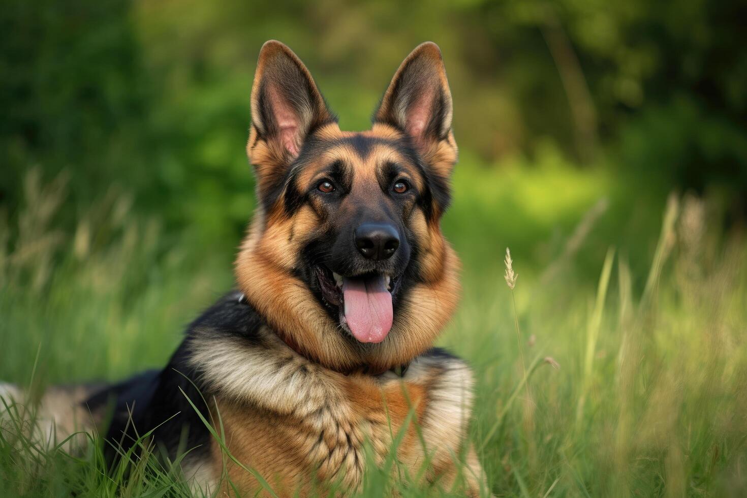 Deutsche Schäfer Hund Lügen auf das Gras im Sommer- Tag, Porträt. ai generiert foto