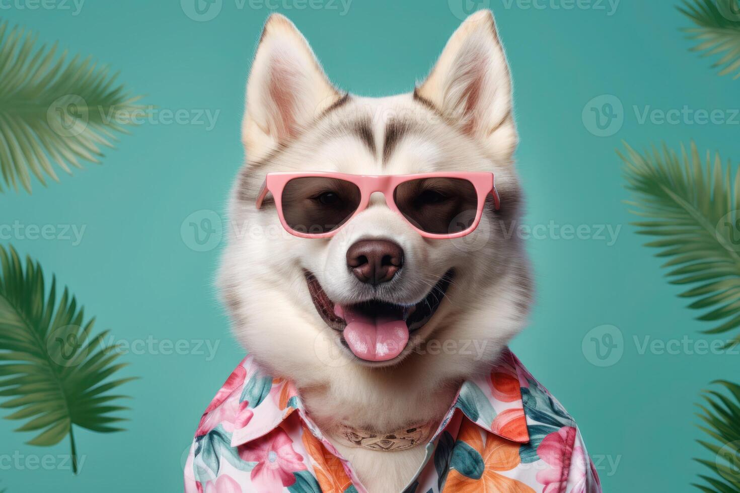 glücklich sibirisch heiser Hund Porträt tragen Sonnenbrille und Sommer- tropisch Hemd suchen beim Kamera isoliert auf Grün Gradient Studio Hintergrund. ai generiert foto