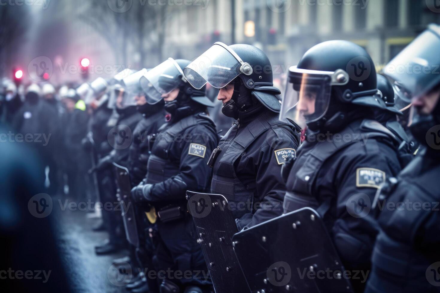 Polizei Kader tragen Uniform auf das Stadt Straße. generativ ai foto