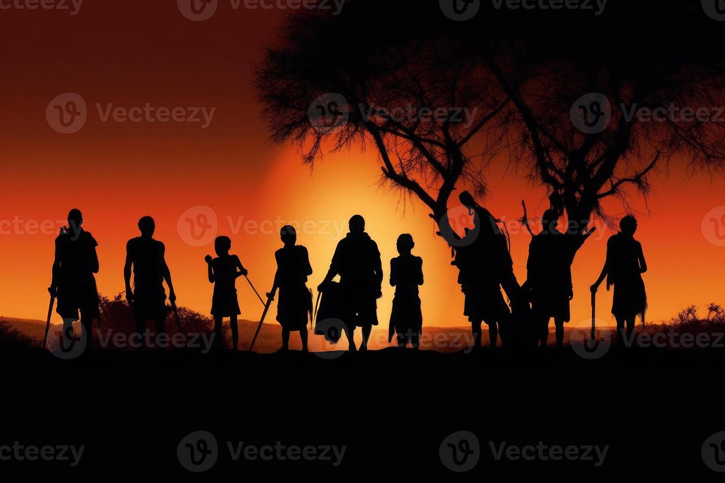 Silhouetten von afrikanisch Ureinwohner beim Sonnenuntergang. generativ ai foto