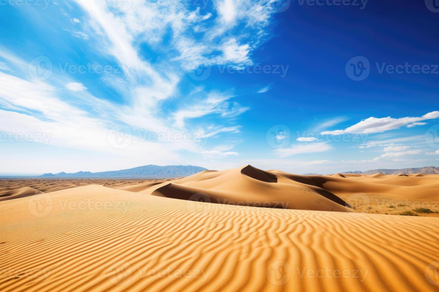 Sand Dünen im Wüste Landschaft mit Blau Himmel. generativ ai foto