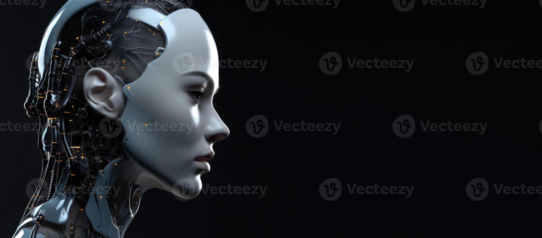 weiblich Roboter Gesicht auf dunkel Hintergrund. künstlich Intelligenz. generativ ai foto