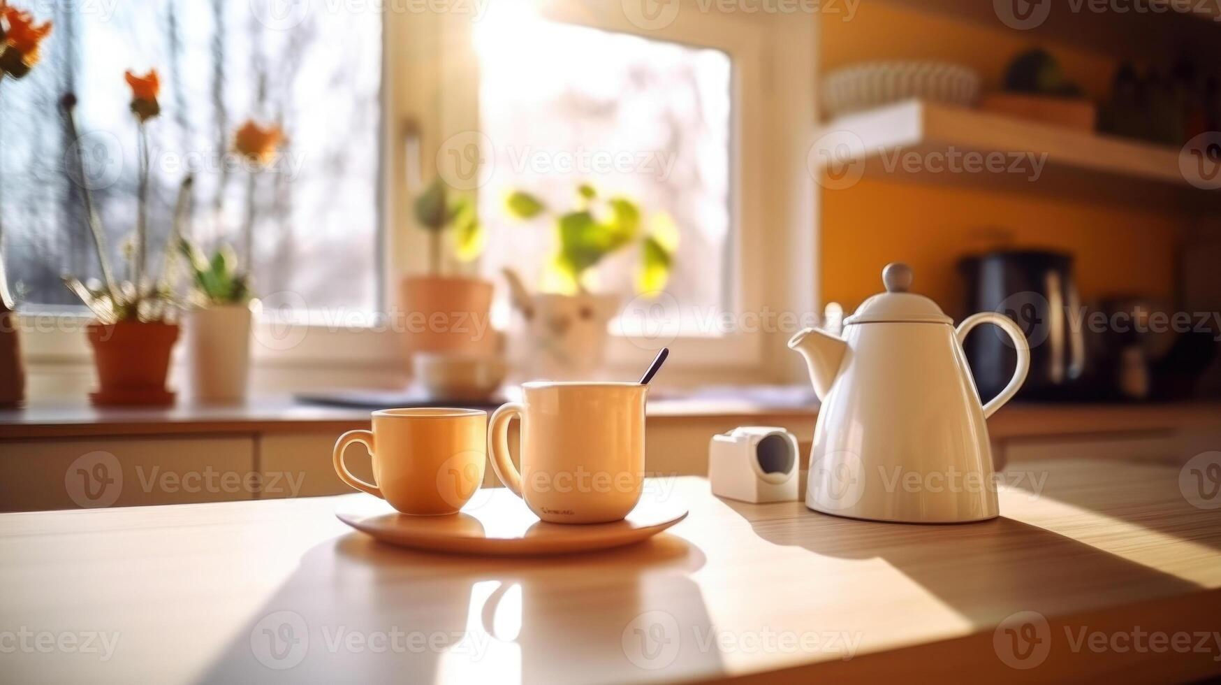 Küche hölzern Tabelle oben mit Frühstück beim Morgen Zeit. generativ ai foto