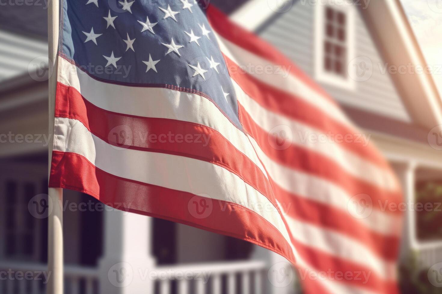 USA Flagge auf Ecke von Leben Haus. Symbol von Patriotismus. generativ ai foto