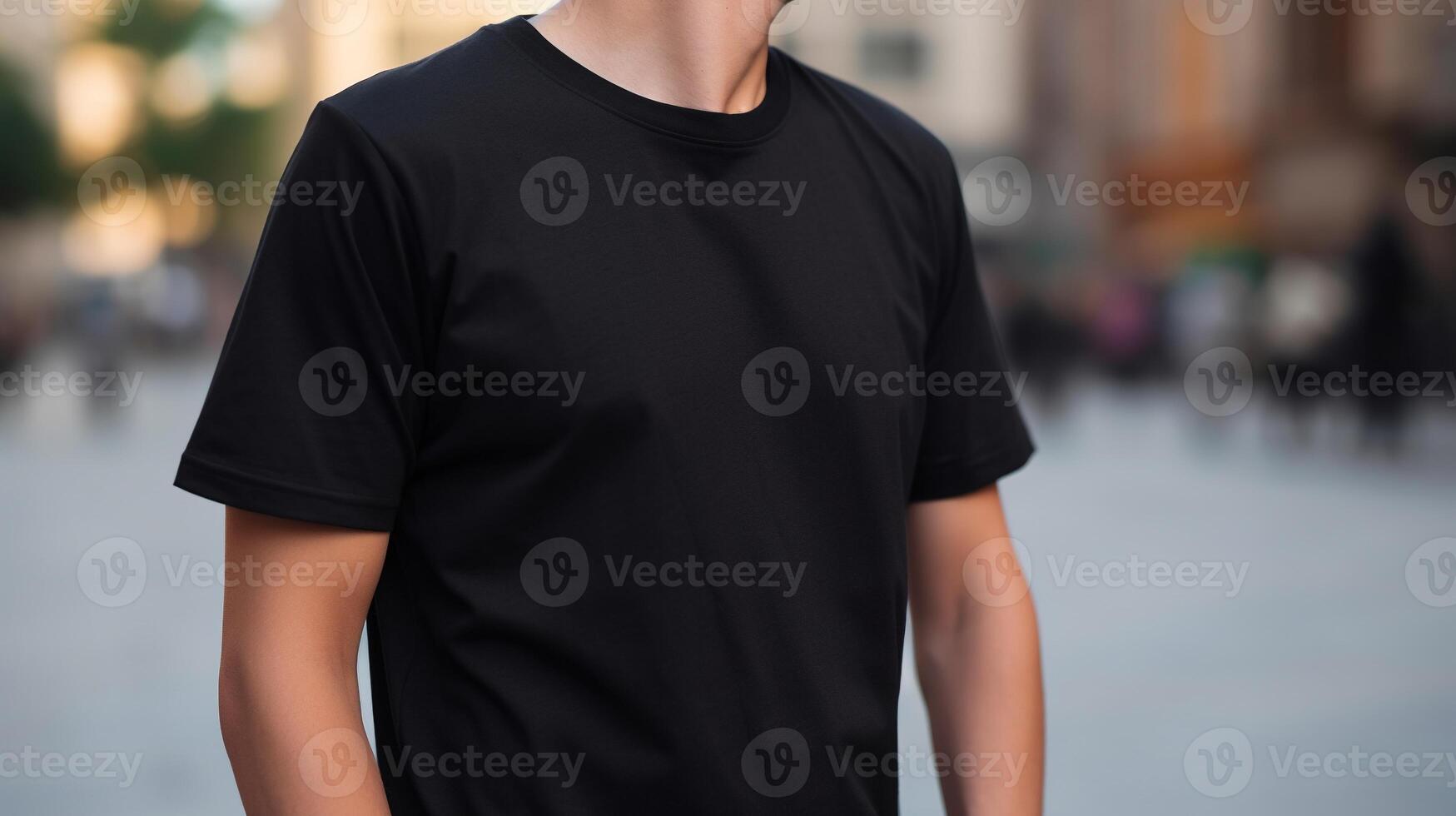 generativ ai, realistisch schwarz T-Shirt spotten oben leer stellen auf jung Mann, Copyspace zum Präsentation Werbung. leer Geschäft Konzept foto