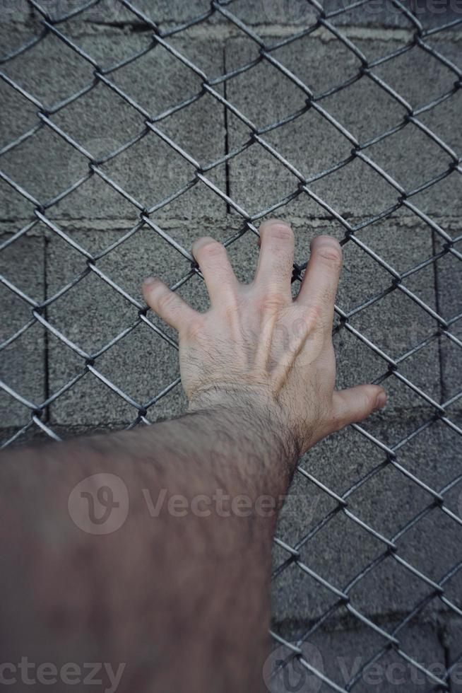 Hand erreicht einen metallischen Zaun foto