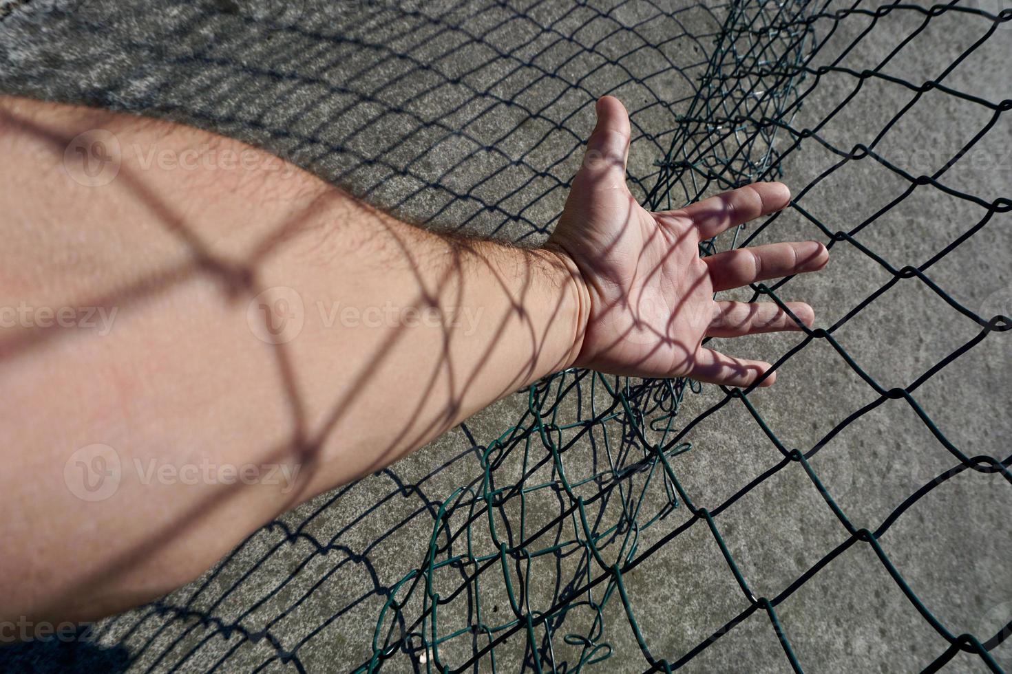 Hand erreicht einen metallischen Zaun foto