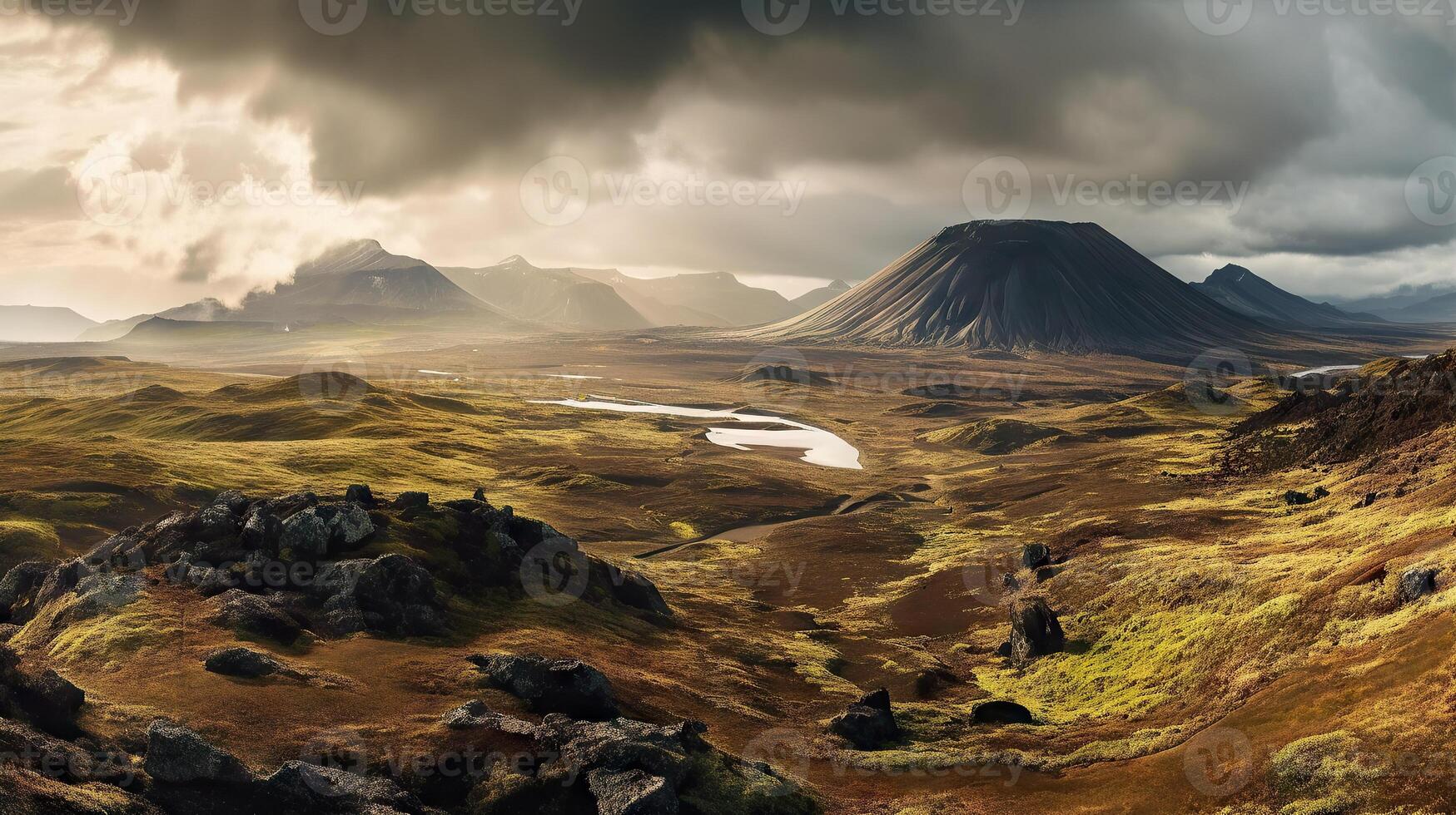 Panorama- Landschaft von Island. dramatisch bedeckt Himmel. generativ ai. foto