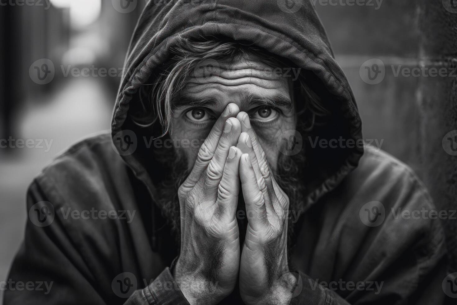 obdachlos Mann Startseite seine Gesicht Hände. generativ ai. foto