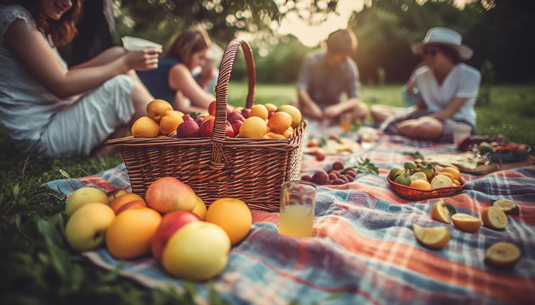 glücklich Familie genießt organisch Picknick im sonnig Wiese mit freunde generiert durch ai foto