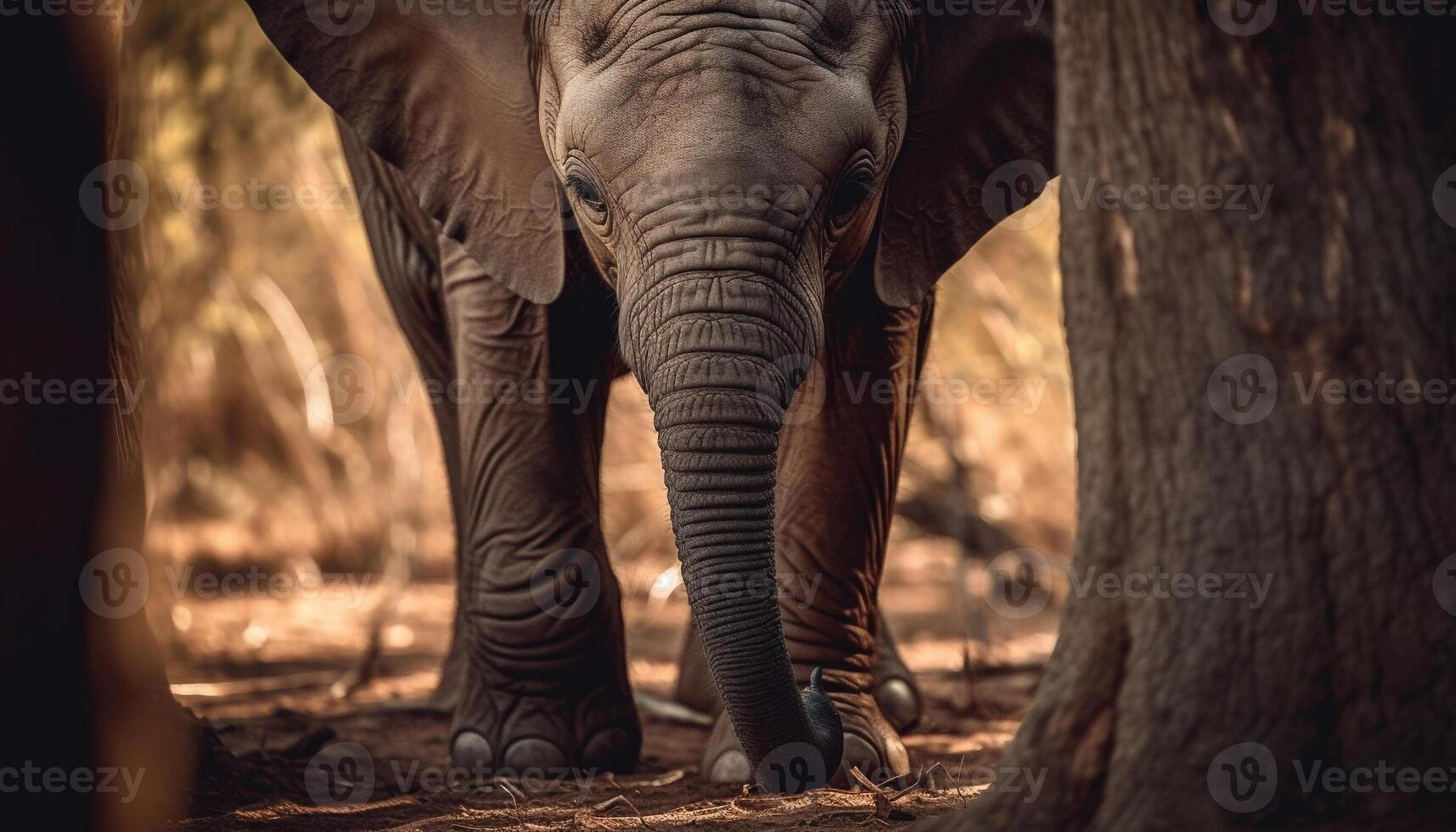 afrikanisch Elefant Kalb Gehen im still Savanne beim Sonnenuntergang generiert durch ai foto