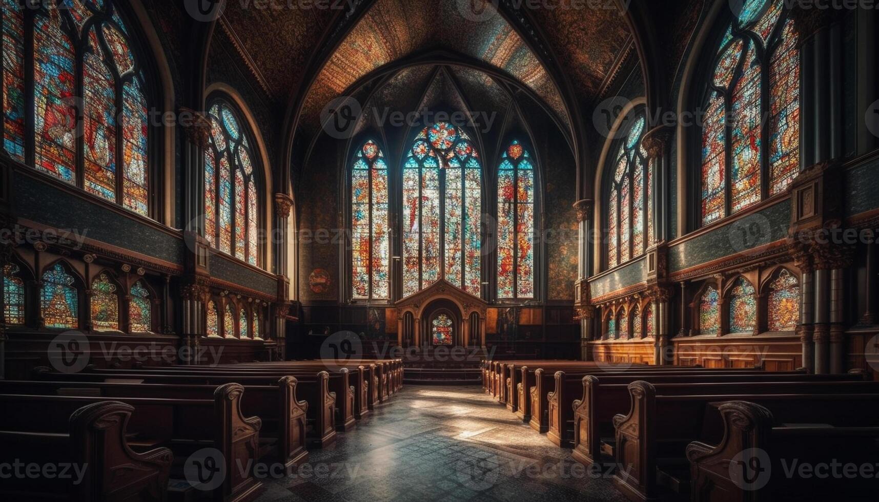 mittelalterlich gotisch Kapelle mit befleckt Glas, Rohr Organ, und Altar generiert durch ai foto