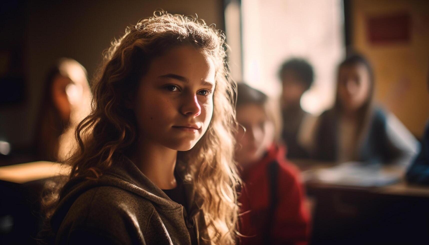 multi ethnisch Gruppe von lächelnd Studenten studieren im Schule Klassenzimmer generiert durch ai foto