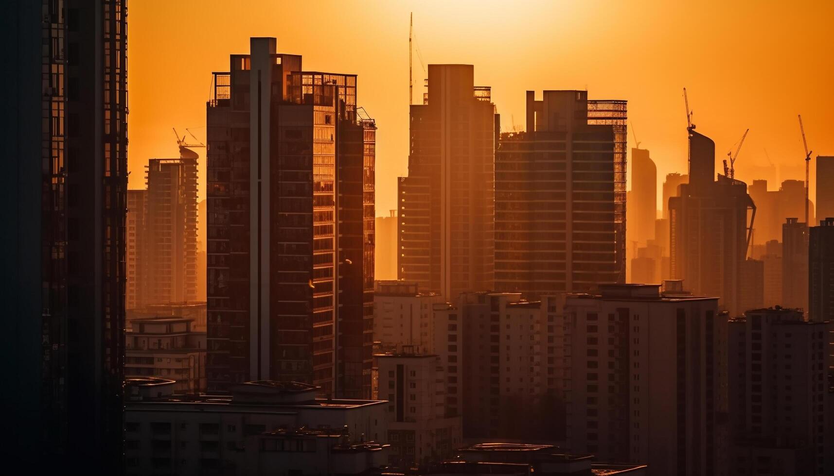Silhouette von modern Wolkenkratzer im Panorama- Stadtbild beim Dämmerung generiert durch ai foto
