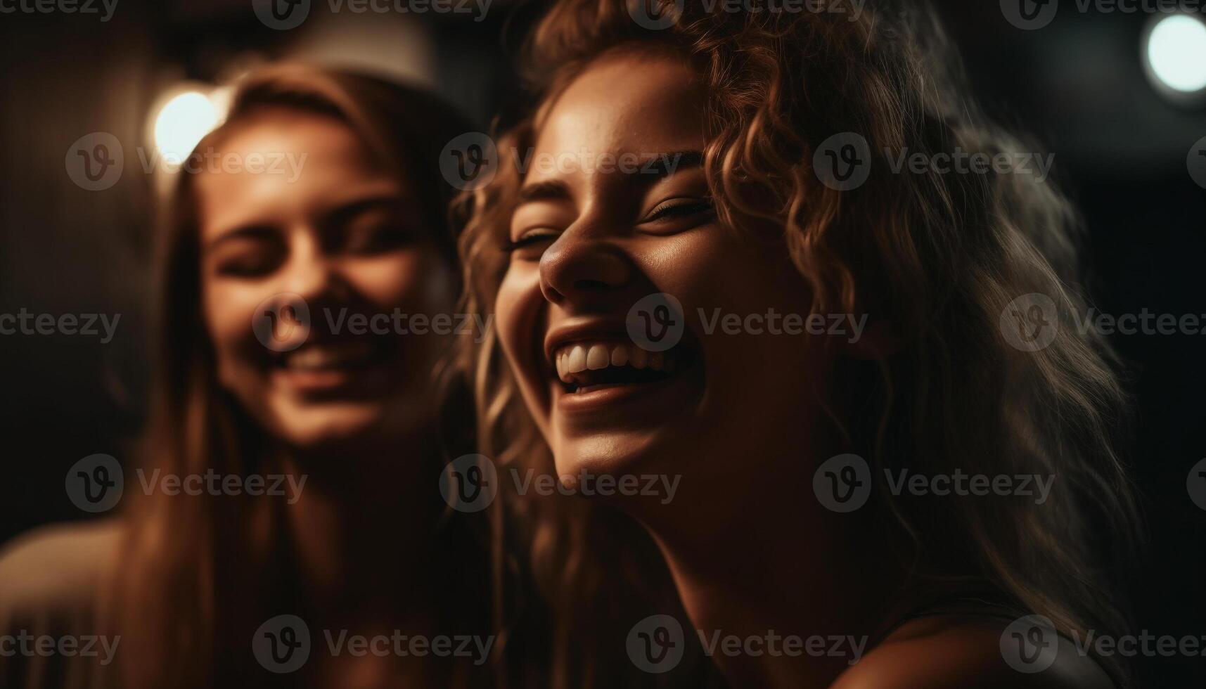 zwei jung Erwachsene Frauen genießen sorglos Nachtleben, Verbindung im Freundschaft generiert durch ai foto