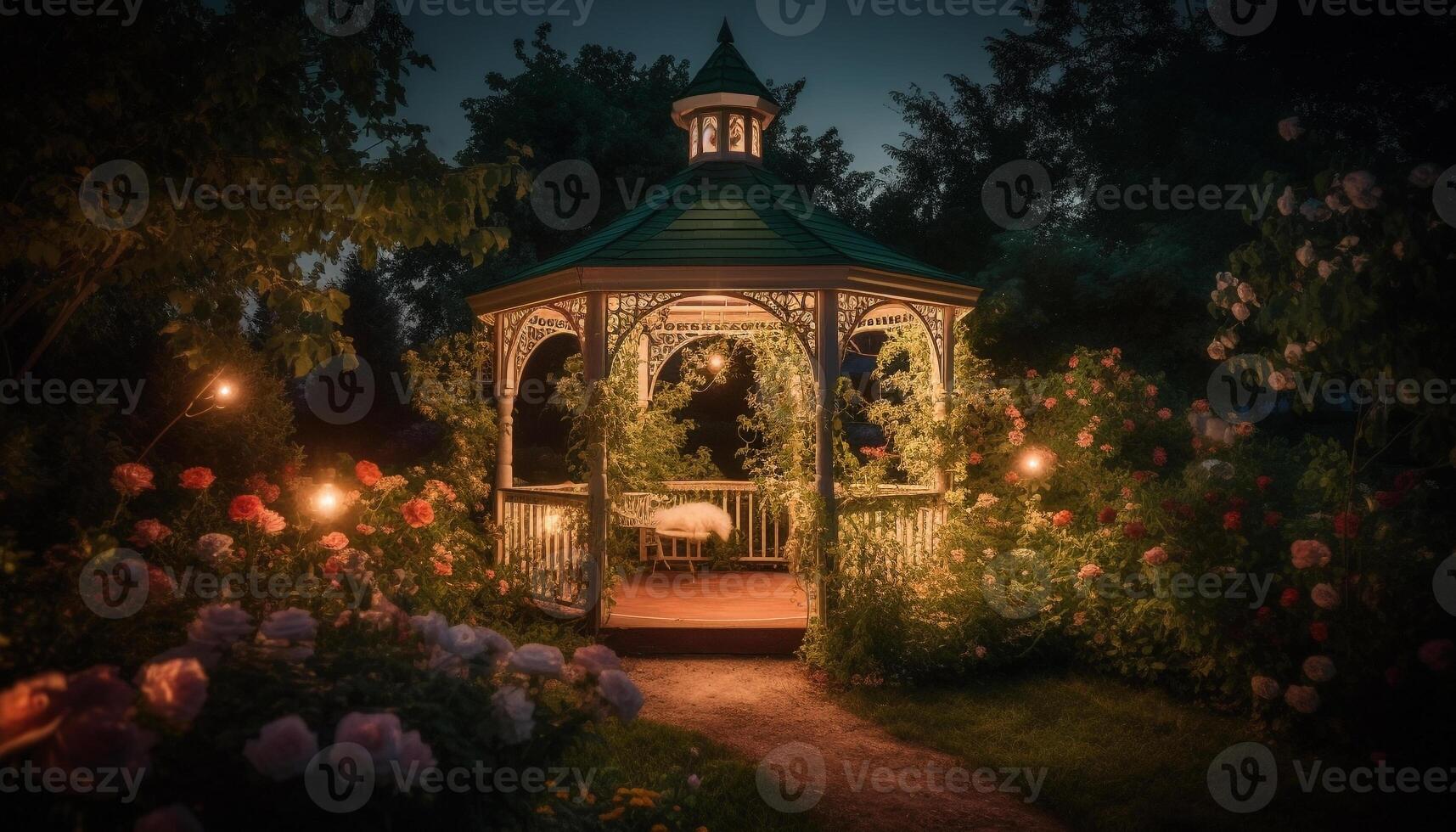 romantisch Sommer- Hochzeit im beleuchtet formal Garten mit Natur Schönheit generiert durch ai foto