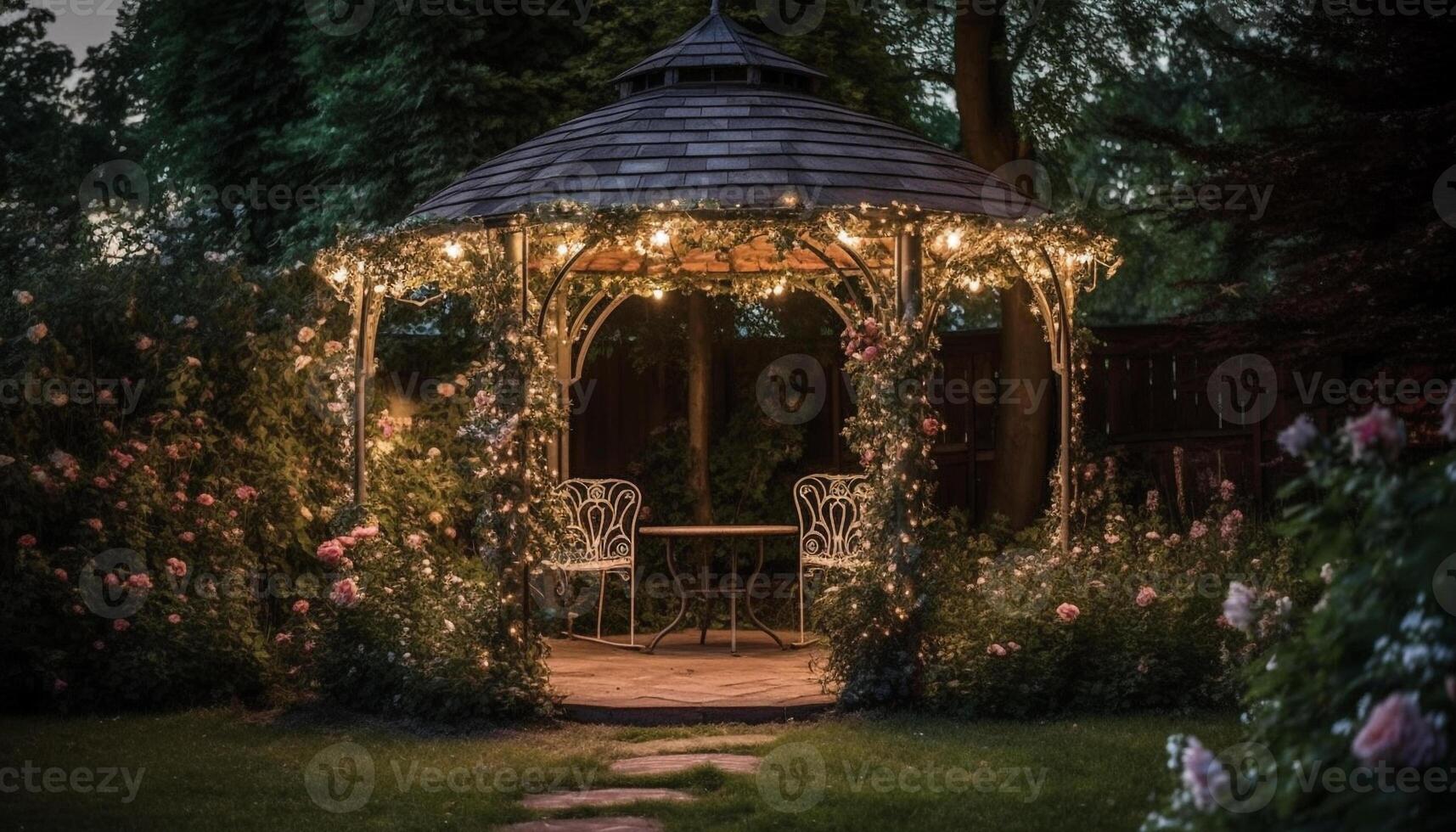 Sommer- Nacht Feier im ein formal Garten mit beleuchtet Dekor generiert durch ai foto