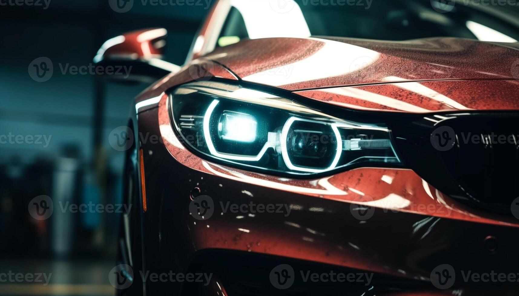 glänzend Sport Auto mit modern Technologie und hell Scheinwerfer Fahren schnell generiert durch ai foto