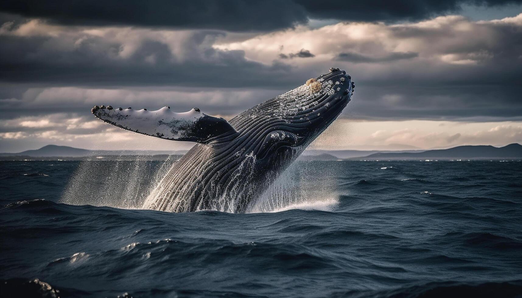 groß Buckel Wal Verstöße, majestätisch Schwanz Flosse planschen unter Wasser generiert durch ai foto