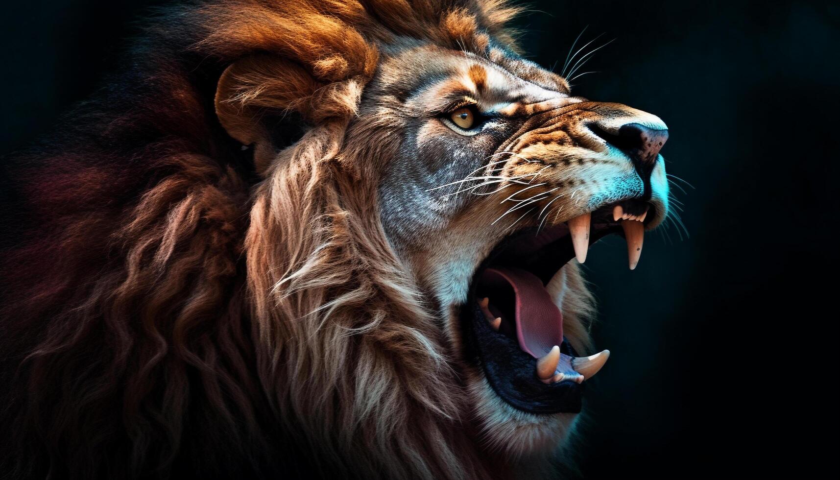 majestätisch Löwe brüllend mit Wut, zeigen Scharf Zähne und Schnurrhaare generiert durch ai foto