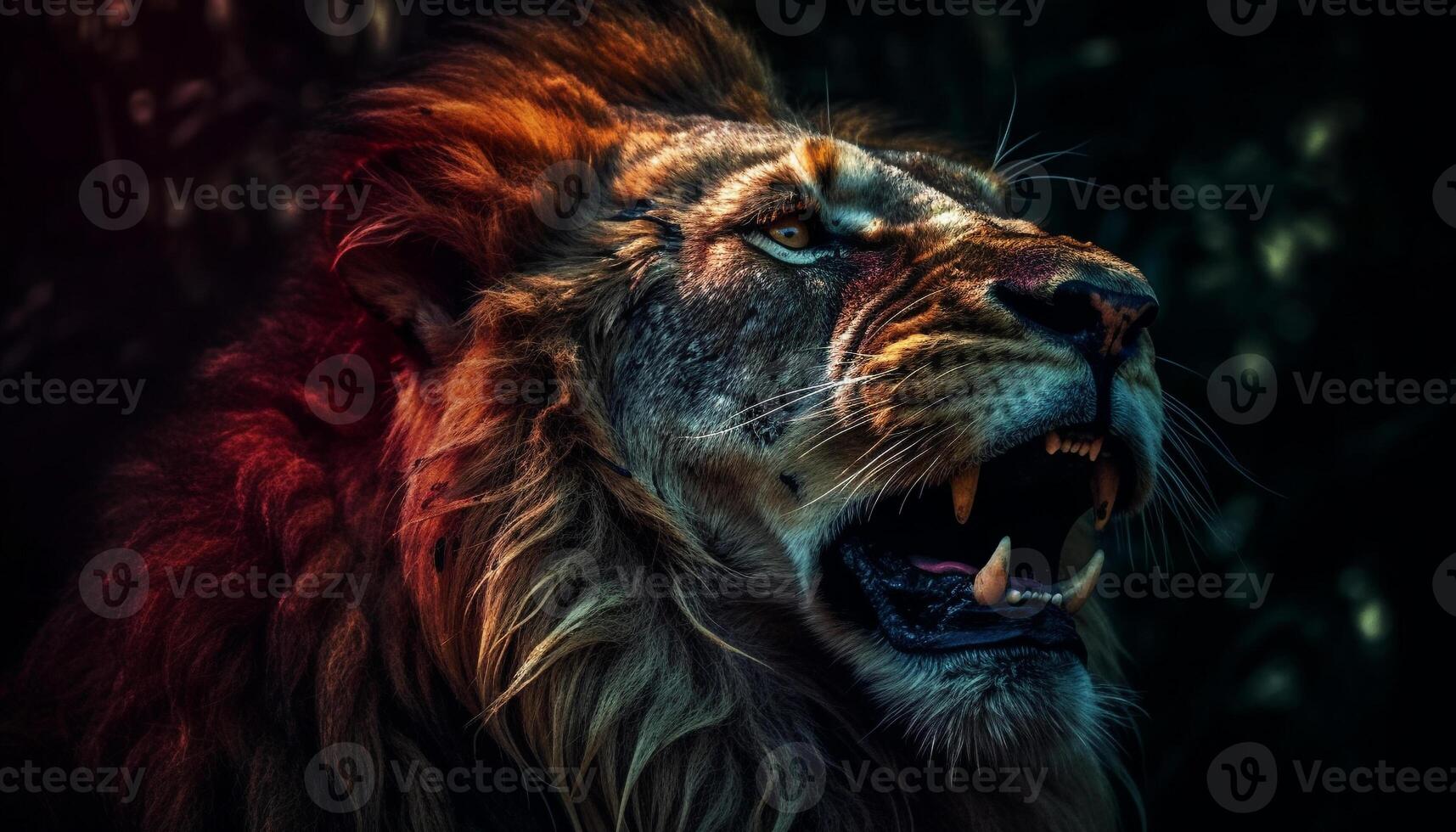 majestätisch Löwe mit heftig Zähne brüllend im das afrikanisch Wildnis generiert durch ai foto