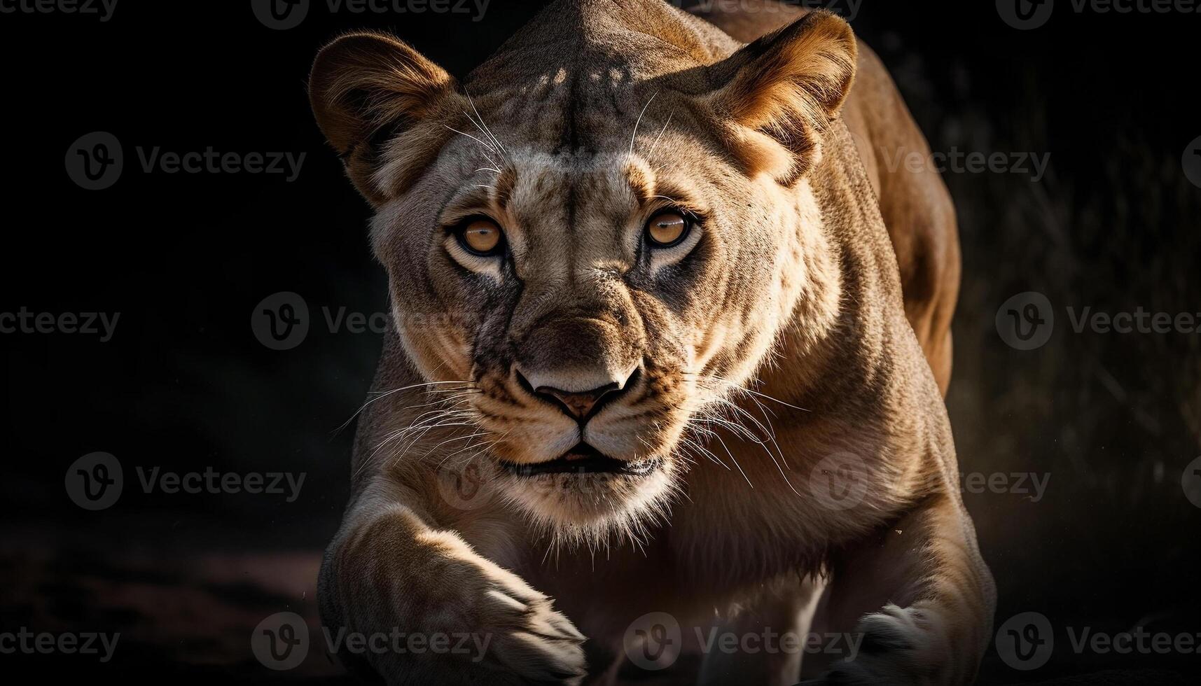 majestätisch Löwin starren beim Kamera im afrikanisch Wildnis, gestreift Schönheit generiert durch ai foto