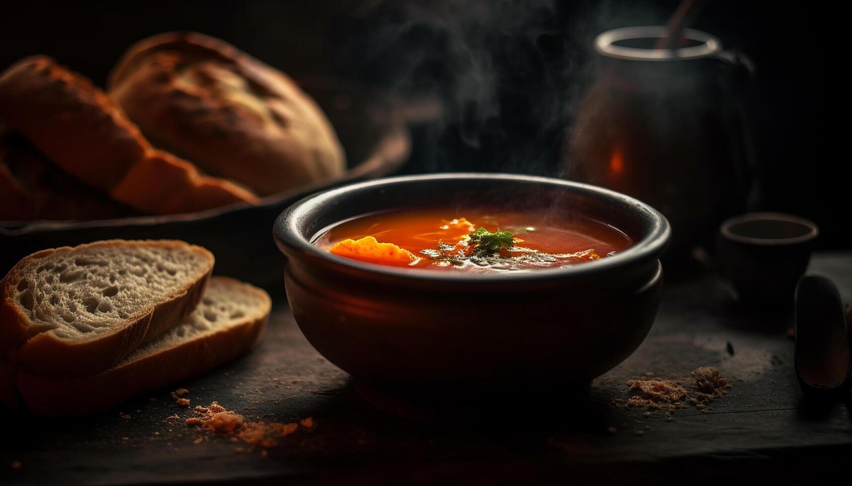 rustikal hausgemacht Suppe, ein gesund Vegetarier Mahlzeit auf hölzern Tabelle generiert durch ai foto