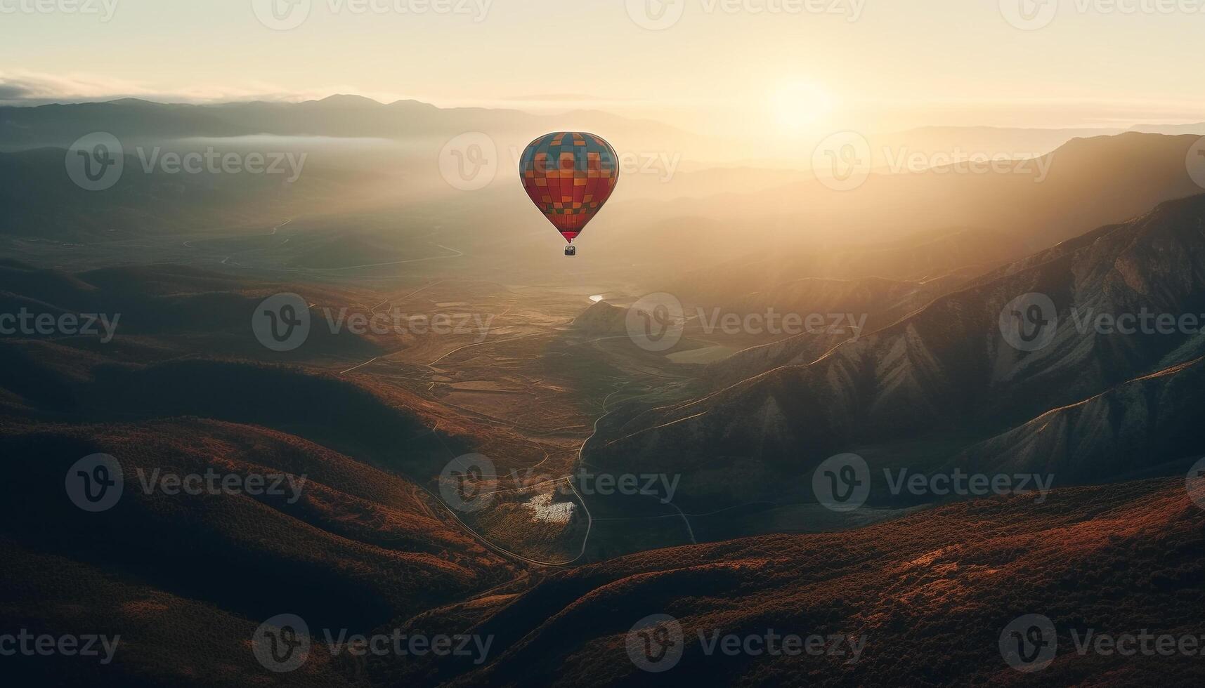 Männer fliegend Mitte Luft im heiß Luft Ballon Über Berg Gipfel generiert durch ai foto