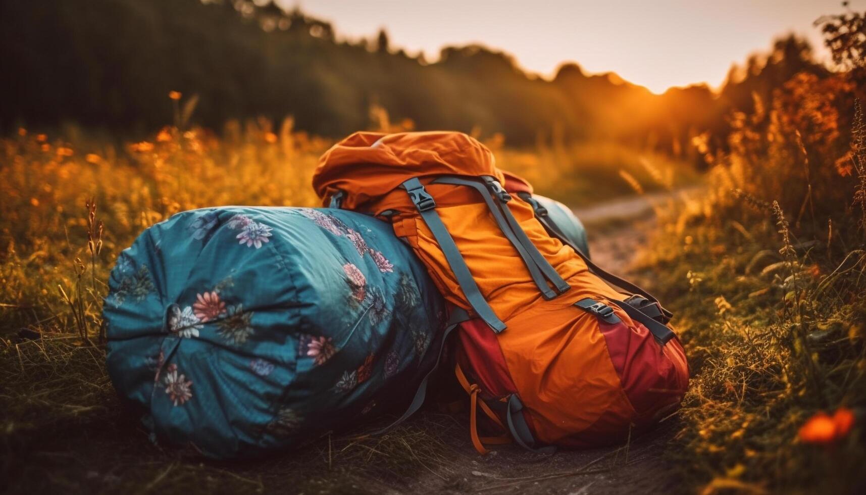 einer Person Wandern mit Rucksack im schön Herbst Berg Landschaft generiert durch ai foto