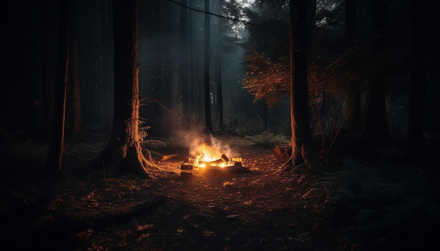 Verbrennung Wald, gespenstisch Nacht, glühend Inferno, Herbst Geheimnis, still Kohle generativ ai foto