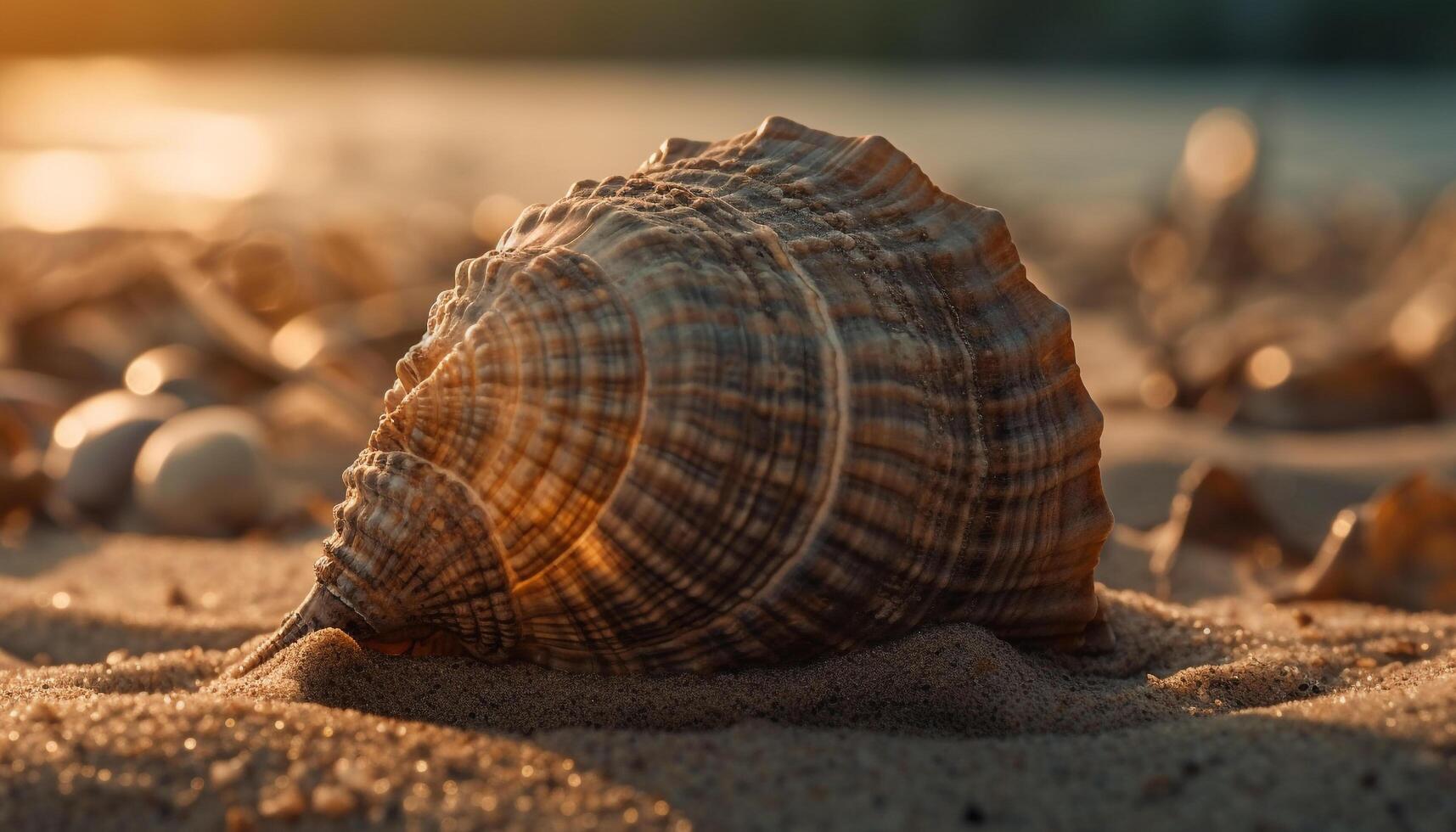 Muschel Sammlung dekoriert sandig Strand beim tropisch Tourist Resort generativ ai foto