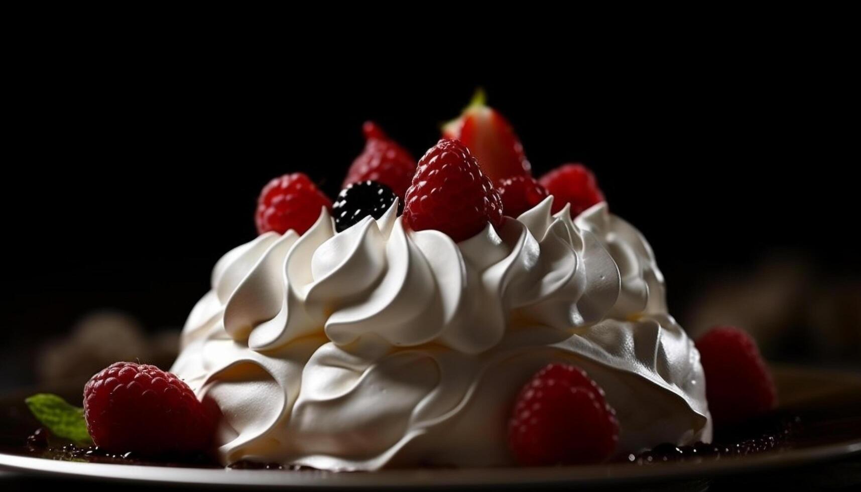 frisch Beere Dessert Teller mit ausgepeitscht Sahne und Schokolade Dekoration generativ ai foto